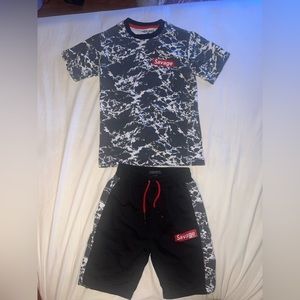 BOYS SHIRT AND SHORTS COMBO , SIZE 10/12 , BLACK AND WHITE WITH “SAVAGE” DETAIL